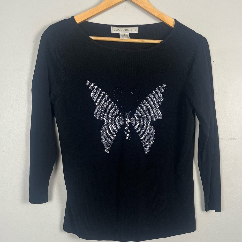 Vintage 90s Lucia burns black 3/4  sleeve silver embellished butterfly medium